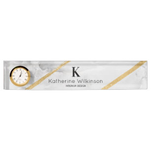 Elegant White Marble Gold Monogram Naambordje