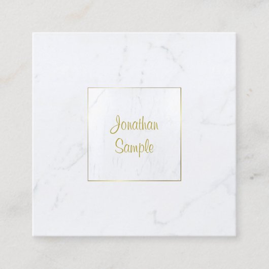 Elegant White Marble Luxurous Plain Gold Script Vierkante Visitekaartje (Voorkant)