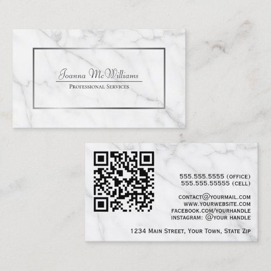 Elegant White Marble & Silver Professional QR Code Visitekaartje (Voorkant / Achterkant)