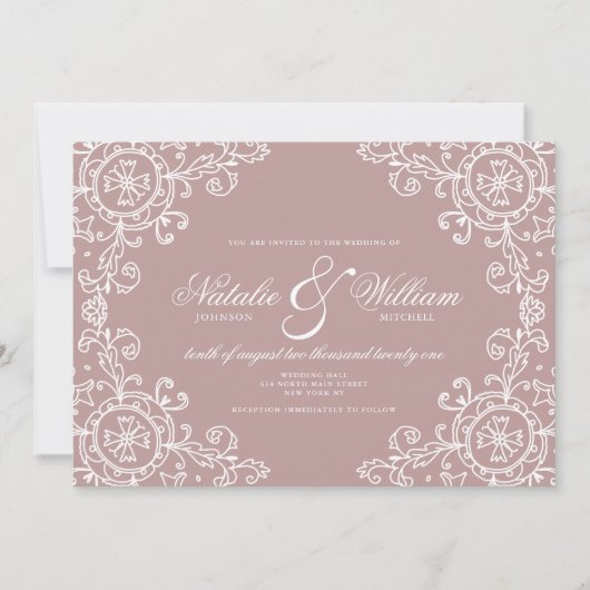 Elegant white mauve roze ornament bruiloft kaart (Voorkant)