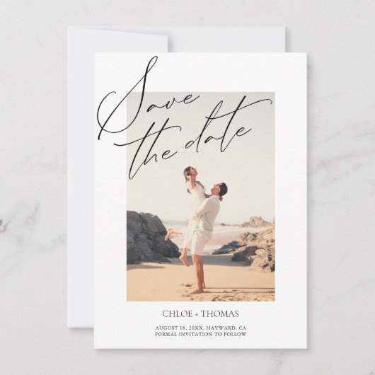 Elegant White Minimalist Script Photo Save The Date (Voorkant)