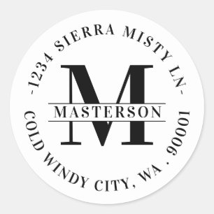 Elegant White Monogram Circular Return Address Ronde Sticker