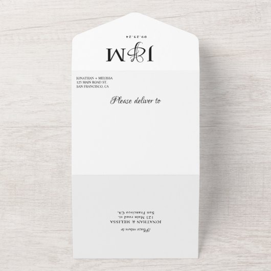 Elegant White Monogram Photo Overlay Wedding All In One Uitnodiging (Buitenkant)