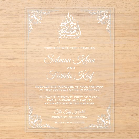 Elegant White Muslim Wedding Acryl Uitnodigingen (Voorkant)