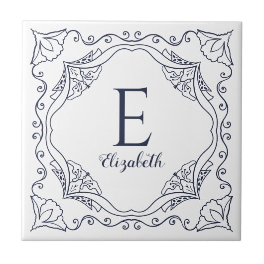 Elegant White Navy Blue Decorative Name Monogram Tegeltje (Voorkant)