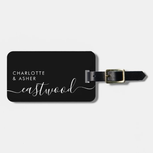 Elegant White On Black Monogram Script Name Bagagelabel (Voorkant horizontaal)