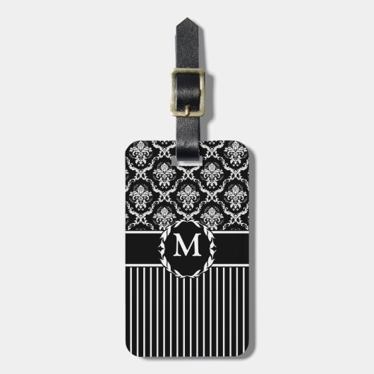 Elegant White op Black Damask Bagagelabel (Voorkant verticaal)