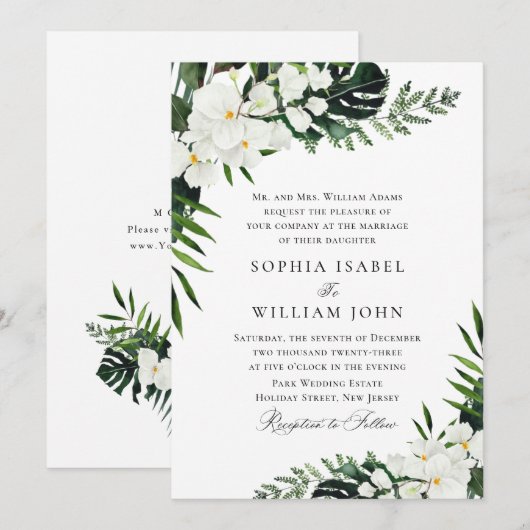 Elegant White Orchids Bohemian Greenery Wedding Kaart (Voorkant / Achterkant)