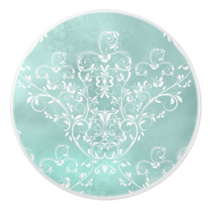 Elegant White over Blauwgroen Damask Keramische Knop