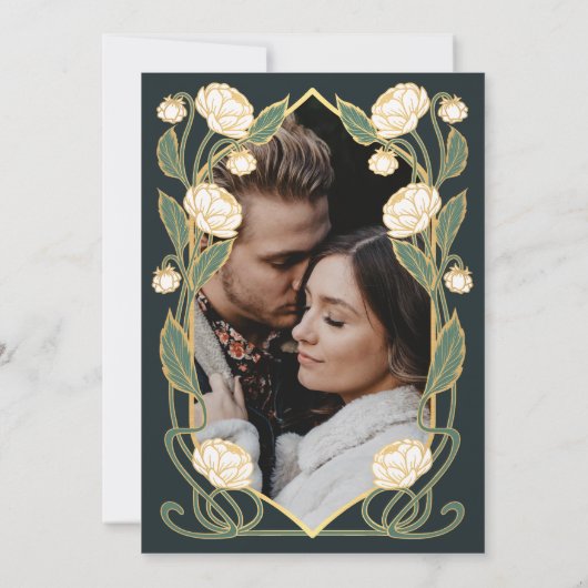 Elegant White Peony Art Nouveau Wedding Photo Save The Date (Achterkant)