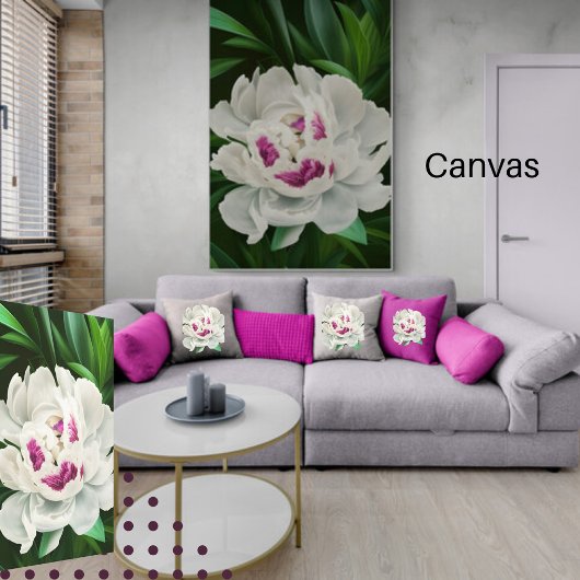 Elegant White Peony met roze Floral Digital Canvas Afdruk