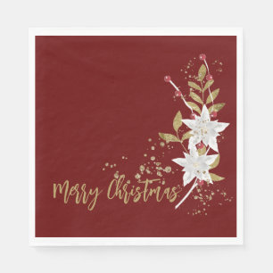 Elegant White Poinsettia Burgundy Gold Glitter Servet