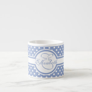 Elegant White Polka Dots on Blue Monogram Espresso Kop