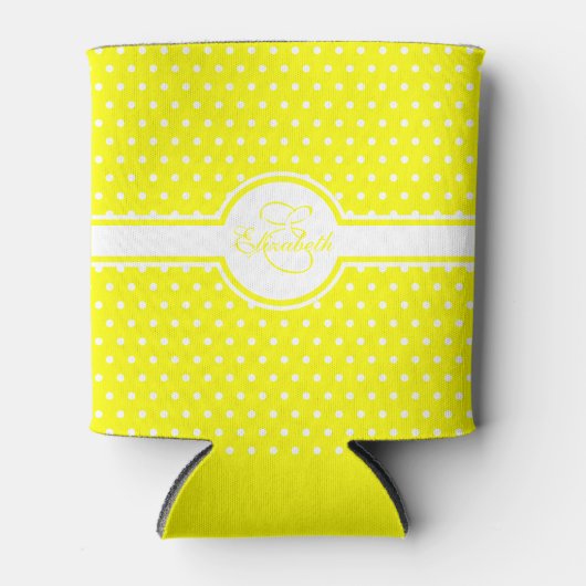 Elegant White Polka Dots on Yellow Monogram Blikjeskoeler (Voorkant)