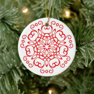 Elegant White & Red Decorative Mandala Cute Xmas Keramisch Ornament