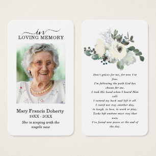 Elegant White Rose Floral Photo Prayer Card Visitekaartje