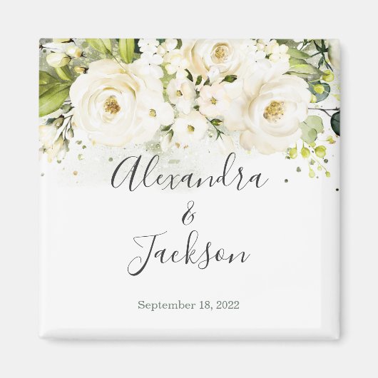 Elegant White Rose & Gold Cursive Wedding Magnet Magneet (Voorkant)
