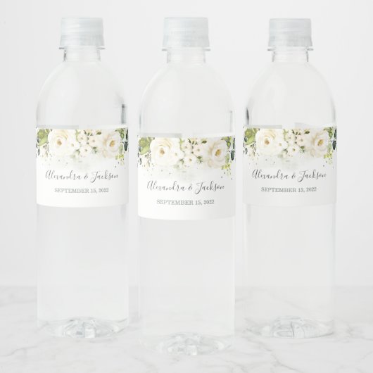 Elegant White Rose & Gold Cursive Wedding Waterfles Etiket (Flessen)