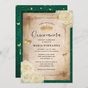 Elegant White Rose Gold Green Quinceanera Kaart