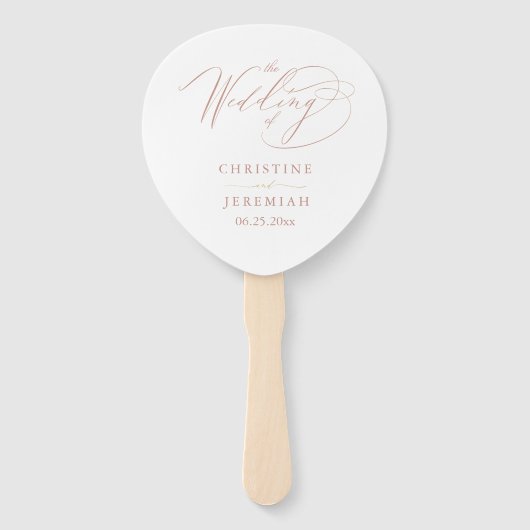 Elegant White Rose Gold Script Weddenprogramma Handwaaier (Voorkant)