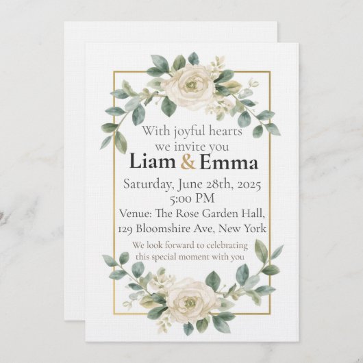 Elegant White Rose Greenery Wedding Invitation (Devant / Derrière)