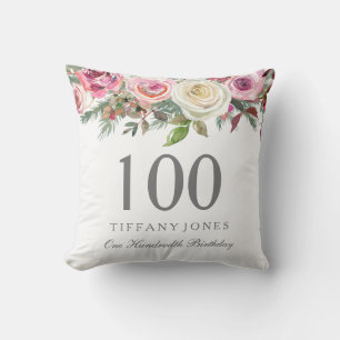 Elegant White Rose Pink Floral 100th Birthday Kussen