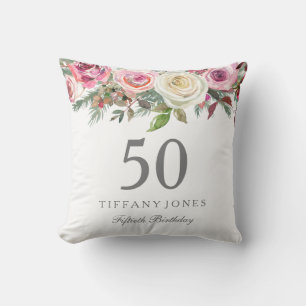 Elegant White Rose Pink Floral 50th Birthday Kussen