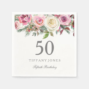 Elegant White Rose Pink Floral 50th Birthday Servetten