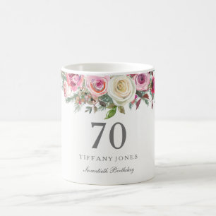 Elegant White Rose Pink Floral 70th Birthday Koffiemok