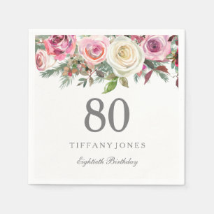 Elegant White Rose Pink Floral 80th Birthday Servet