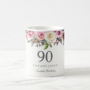 Elegant White Rose Pink Floral 90th Birthday Koffiemok