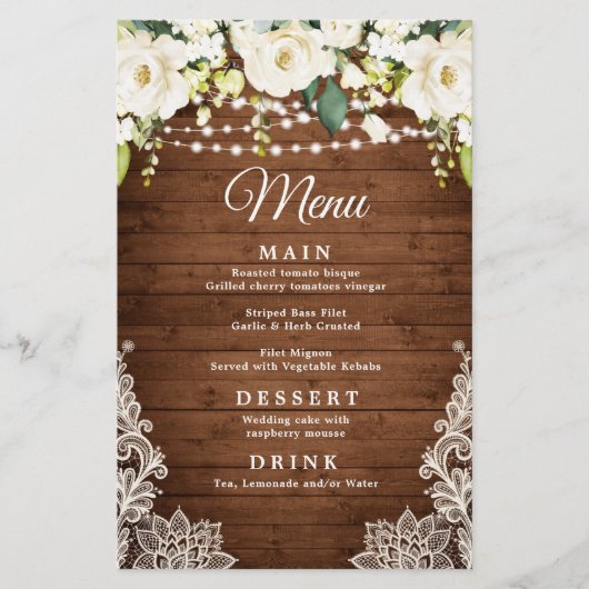 Elegant White Rose Rustic Wedding Dinner Menu (Voorkant)