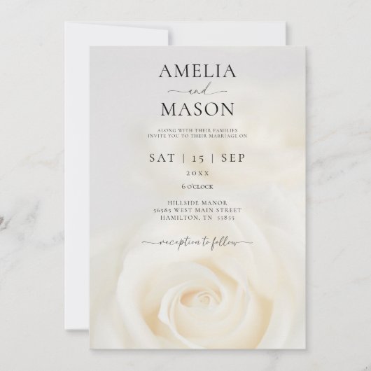 Elegant White Rose Script Wedding Invitation Kaart (Voorkant)