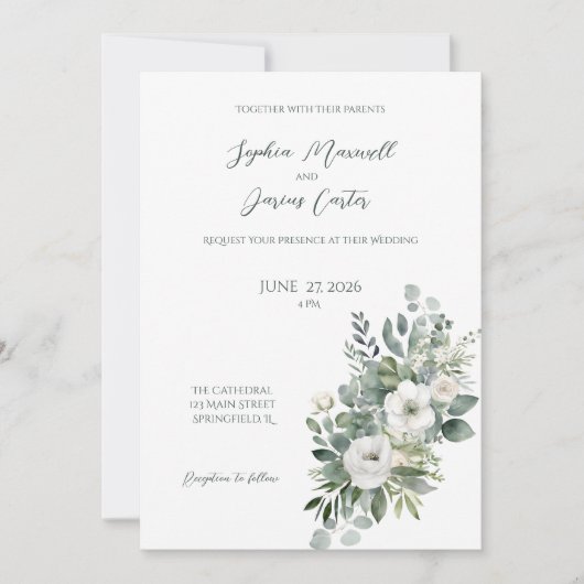 Elegant White Rose Wedding Invitation Kaart (Voorkant)