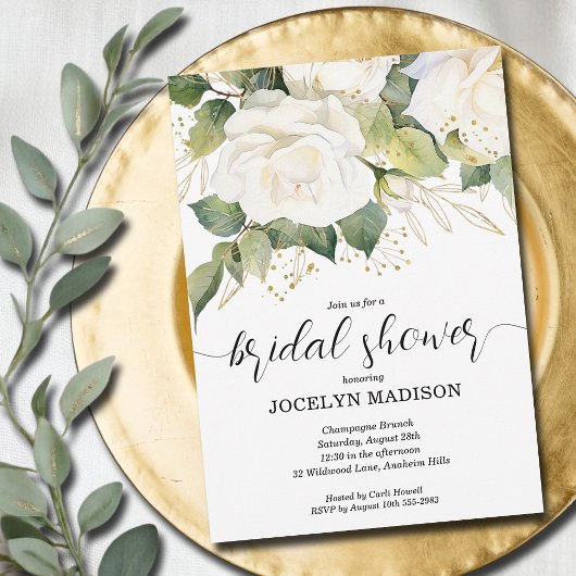Elegant White Roses Bridal Shower Invitation