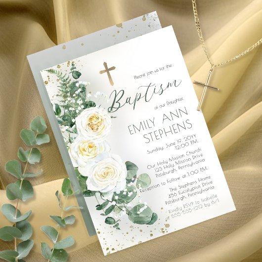 Elegant White Roses Eucalyptus Floral Girl Baptism Kaart