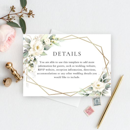 Elegant White Roses Eucalyptus Weddenschap Details Informatiekaartje