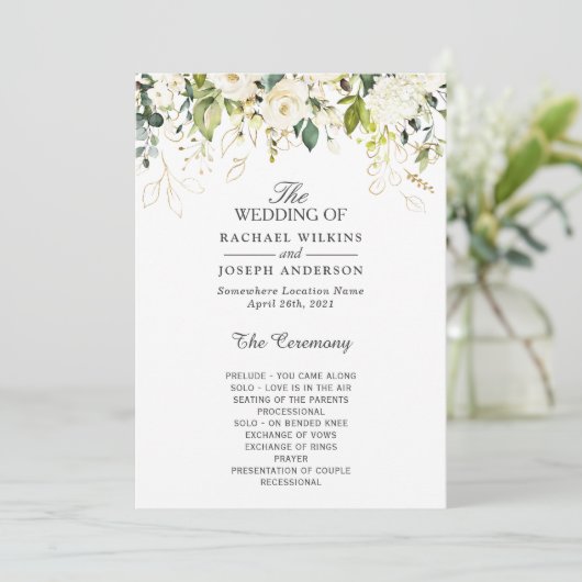 Elegant White Roses Floral Wedding Programma (Staand voorkant)