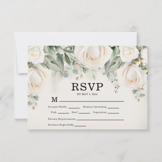 Elegant White Roses Greenery Wedding RSVP Kaartje (Voorkant)