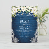 Elegant White Roses Lace Rustic Blue Wood Wedding Kaart (Staand voorkant)