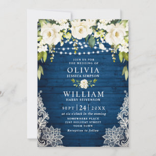Elegant White Roses Lace Rustic Blue Wood Wedding Kaart