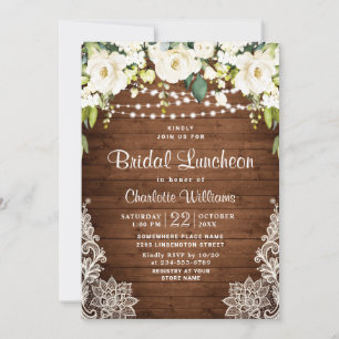 Elegant White Roses Lace Rustic Bridal Luncheon Kaart