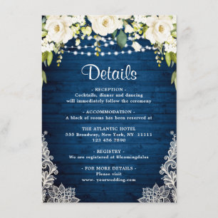 Elegant White Roses Lace Rustic Wedding Details Informatiekaartje