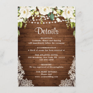Elegant White Roses Lace Rustic Wedding Details Informatiekaartje