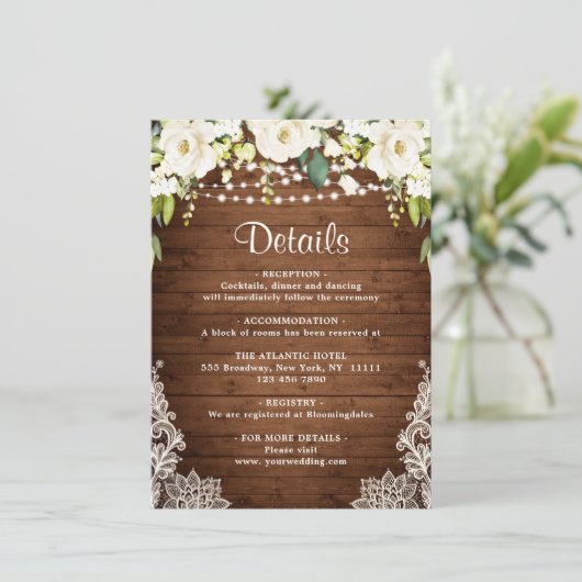 Elegant White Roses Lace Rustic Wedding Details Informatiekaartje (Staand voorkant)