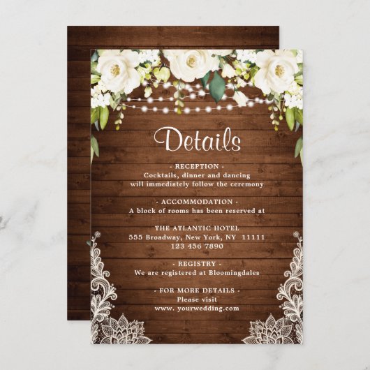 Elegant White Roses Lace Rustic Wedding Details Informatiekaartje (Voorkant / Achterkant)