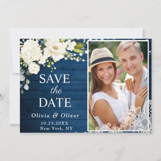Elegant White Roses Lace Wood Rustic Wedding PHOTO Save The Date (Voorkant)