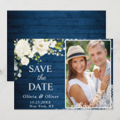 Elegant White Roses Lace Wood Rustic Wedding PHOTO Save The Date (Voorkant / Achterkant)