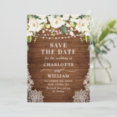 Elegant White Roses Lace Wood Rustic Wedding Save The Date (Staand voorkant)