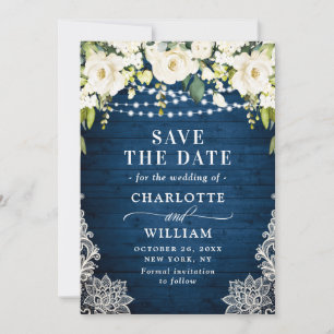 Elegant White Roses Lace Wood Rustic Wedding Save The Date
